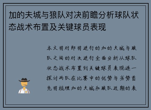 加的夫城与狼队对决前瞻分析球队状态战术布置及关键球员表现
