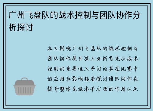 广州飞盘队的战术控制与团队协作分析探讨