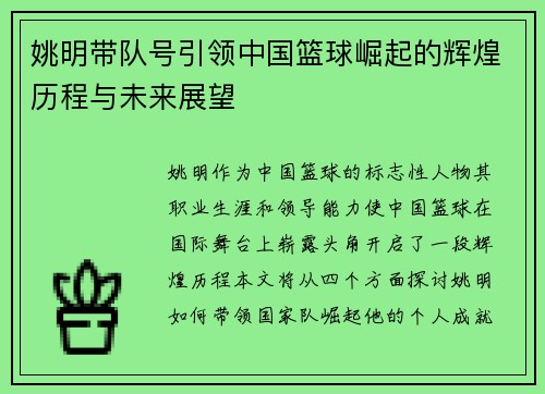 姚明带队号引领中国篮球崛起的辉煌历程与未来展望